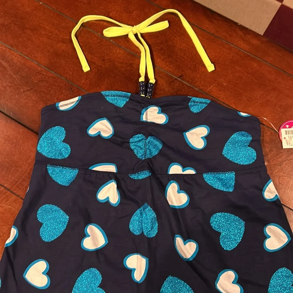 NWT Justice Retail Store Blue Yellow Glitter Hearts Halter Top beads Size 20